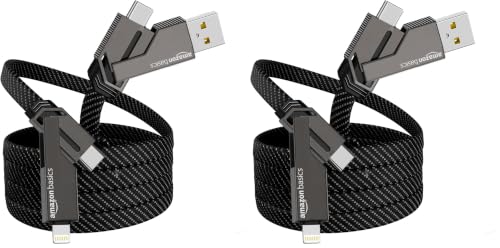 Image of amazon basics 4 in 1 Metal Flat Braided Indestructible Cable 110cm 60W with lightning to type C, type C to C, Lighting to type A compatible for iPhones, iPads, Macbooks, Type C Laptops (Grey)