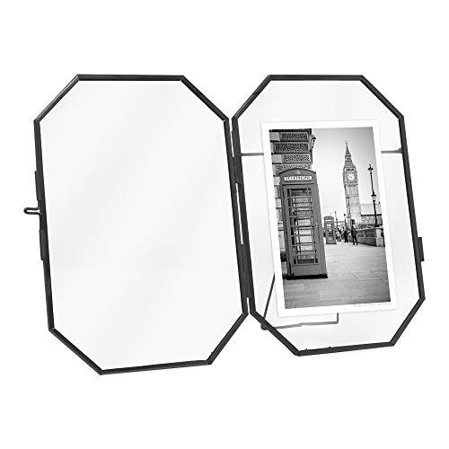 Isaac Jacobs 4X6 Vintage Style Octagon Brass & Glass, Metal Floating Picture Frame With Locket Closure (Vertical), Tabletop Display, (Fits Up To A Cutout 4” X 6” - See Image) #TOP4