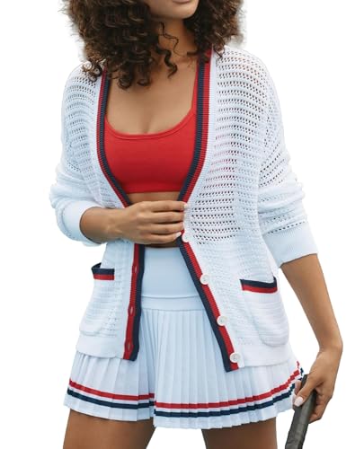 Image of Women's Crochet Cardigan Sweater Color Blocking Hollow Out Long Sleeve Button Down Loose Fit Cardigan White