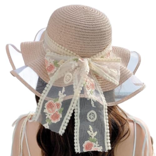 SiSinkal Chapeau de soleil en paille à large bord pour femme avec ruban en dentelle pour la plage, les voyages, l'été (rose)