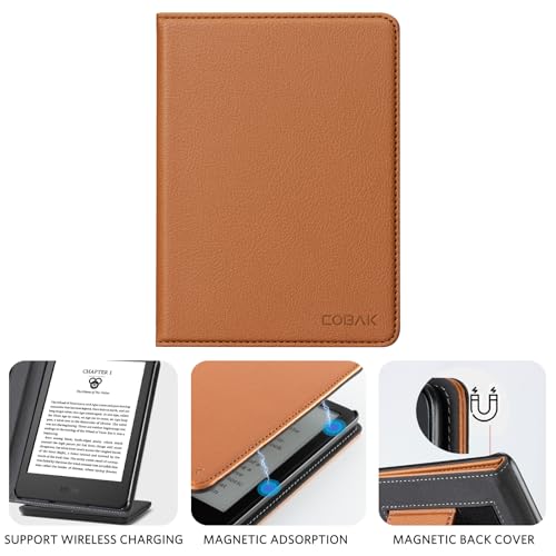 Image of CoBak Case for 6 inch E-Reader - PU Leather Smart Cover with Auto Sleep /Wake & Hand Strap, not Compatible with Kobo Clara,Lychee Brown