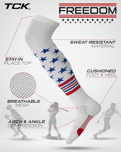 Image of TCK USA Made Over Knee Baseball Socks & Softball Socks Youth Boys, Girls, Adult - American Flag Patriotic Stars & Stripes