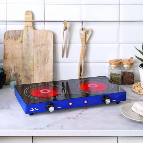 Miniatura 5 de Jata V142 Cocina Eléctrica Vitrocerámica 2 Placas De 16,5 Cm De 1200 W Cada Una, Cuerpo Metálico, 2 Termostatos Regulables De Temperatura, Protección Sobrecalentamiento, Azul