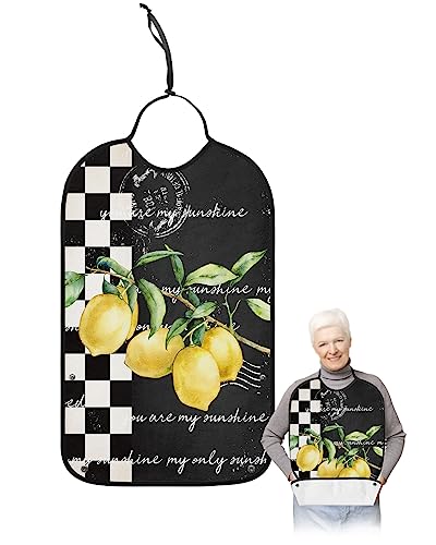 LEOKOTI Summer Lemon Adult Bibs for Eating, Waterproof Bibs with Food Catcher & Adjustable Snap Closure, Farmhouse Black and White Plaid Washable Clothing Protectors Adult Bibs for Elderly Women/Men