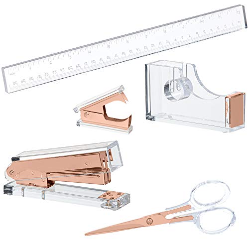 Rose Gold Acrylic Lucite Bundle | Premium Stapler, Tape Dispenser, Scissors, Staple Remover, & Ruler Gift Set | Clear Stationery & Desk Accessories | Modern, High End, Chic, Luxury Office Goods #TOP1