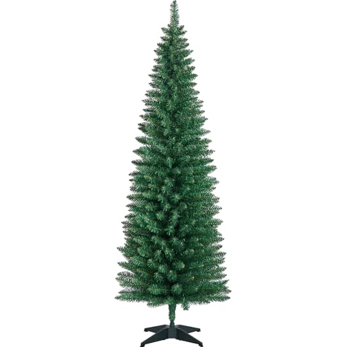 Yaheetech Árbol de Navidad Estrecho de 183 cm, Árbol de Navidad Artificial de Lápices con 390 Puntas Retardantes de Llama con Soporte Incluido para Decoración Navideña en Interiores, Verde