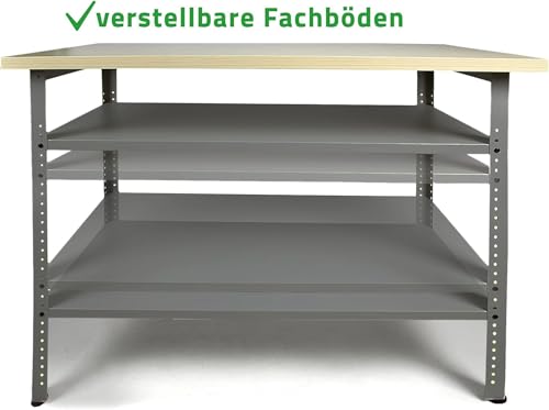 Ondis24 Werkbank 120cm Nobbi Pro Packtisch aus Metall, mit Arbeitsplatte, höhenverstellbare Einlegeböden, Justierfüße, Werktisch für Sparfüchse lichtgrau (85cm)