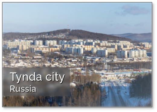Tynda City, Amur Region, Siberia, Russia. Winter Panoramic City Landscape. in The Distance Are Residential Buildings and Hills. in The Middle Ground There Is A Railway. in, Fridge Magnet