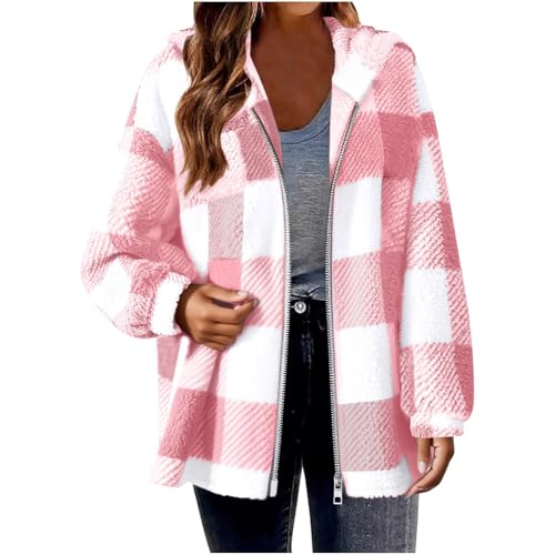 Plaid Fleece Jacket Women Sherpa Y2k Comfort Zip Up Hoodie Oversized Fall Fashion Casual Outerwear Warm Winter Coats