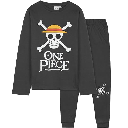 One Piece Pijama Niño Manga Larga, Conjunto 2 Piezas con Camiseta Manga Larga Pantalón Largo, Ropa de Dormir Regalos de Anime (13-14 Años, Gris)