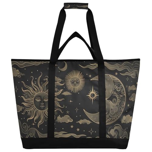 Boho Sun Moon Black Large Insulated Tote Bag for Grocery Shopping Reusable Tote Bags for Women Men, Cooler Bag with Zippered Top & Handles for Beach Picnic Travel