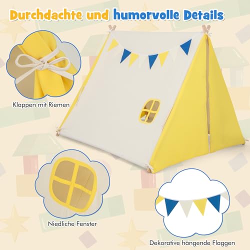 COSTWAY Tipi tent voor kinderen, tipi-kindertent voor binnen, speeltent, katoen en hout met venster en wimpelketting, kindertipitent, speelhuis voor jongens en meisjes, beige - Afbeelding 5