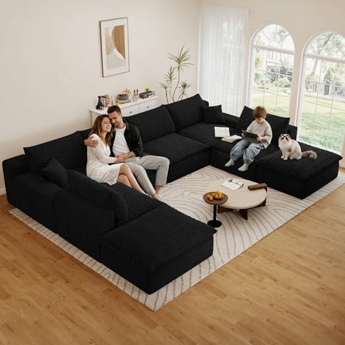Image of 136 inch Cloud Couch Modular Sectional Sofa for Living Room, U-Shape Boneless Couch with Deep Seat, Modern Corduroy 6-Seater with Ottomans, No Assembly Required, Black