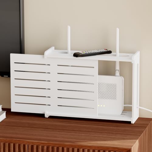 HAIDAIYA Wooden WiFi Router Storage Box Hider Shelf, Decorative Projector Box Hider Rack Countertop, for Cable, Modem, Internet, Router Power Cover Storage Organizer Cabinet Wall Mounted, White
