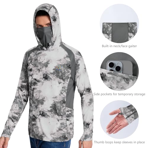 Image of Men's UPF 50+ Hoodie Shirt with Mask Long Sleeve Permanent UV Sun Protection Neck Gaiter Performance T for Outdoor