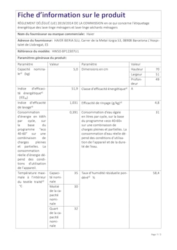 Haier HW50BP12307U1S Autonome Charge avant 5 kg 1200 tr/min Panier Acier inoxydable Moteur Inverter Wifi Blanc A+