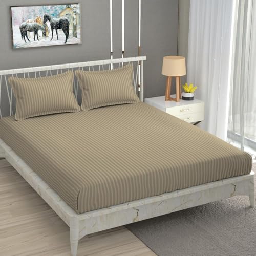 Image of Blue Strip Polycotton Bedsheet, Double 90x100 (Khaki) | Hotel Quality | Soft, Breathable & Colourfast | Wrinkle Resistant | Machine Washable | Pillow Covers Included