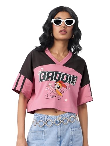 Image of The Souled Store Powerpuff Girls: Baddie Women and Girls Short Sleeves V-Neck Pink Graphic Printed Cotton Lightweight Casual Streetwear Oversized Cropped T-Shirt