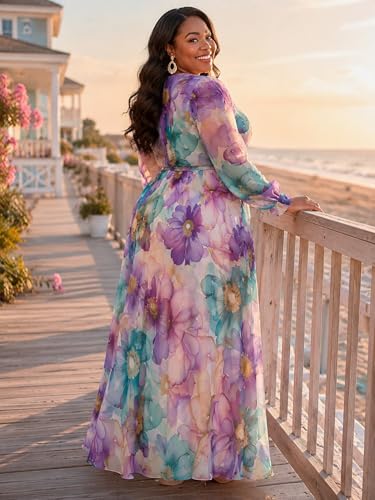 Image of PinkPatty Women's Long Sleeve Maxi Dress Plus Size Trendy Wedding Guest Dress with Pockets&Belt