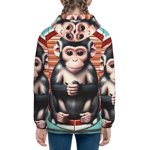 The silent monkey Print Girls Athletic Zip Up Hoodies,Sweatshirts with Pockets Long Sleeve Hooded Jackets, for 7-18 Y4