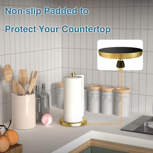 Image of Paper Towel Holder Countertop, Gold Kitchen Accessories Decor, Stainless Steel, Weighted Base, Gold, Paper Towel Roll Holder Stand with Ratchet Mechanism for Kitchen Bathroom Farmhouse Essentials