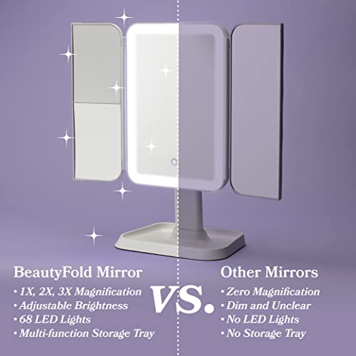Beautyfold Vanity Mirror With Lights And 3X/2X/1X Magnification, Adjustable 68 Led Lighted Makeup Mirror With Touch Screen, Usb Rechargeable Travel Mirror With Phone Stand #TOP3
