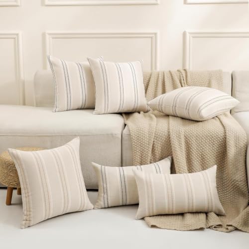 Image of Hckot Stripe Throw Pillow Covers 12x24 Lumbar Khaki Farmhouse Pillow Covers | Modern Decorative Pillows Textured Linen Cushion Covers for Sofa Couch Bed Living Room Decor