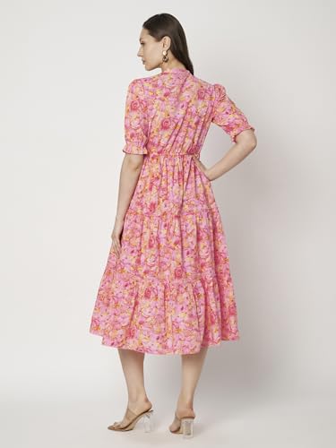 Image of PIDAVLIYA'S Women's Floral Summer Maxi Dress I Cotton Printed I One Piece Bodycon Midi Dress with V-Neck, Puffed Sleeves