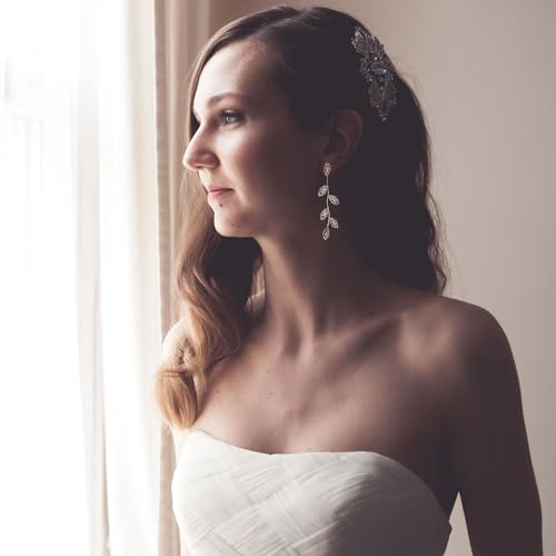 Dangling Earrings for Women Bridal Earrings for Wedding Rhinestone Wedding Prom Anniversary Delicate Leaf silver drop Earrings Long Earrings- Elegant Earrings3