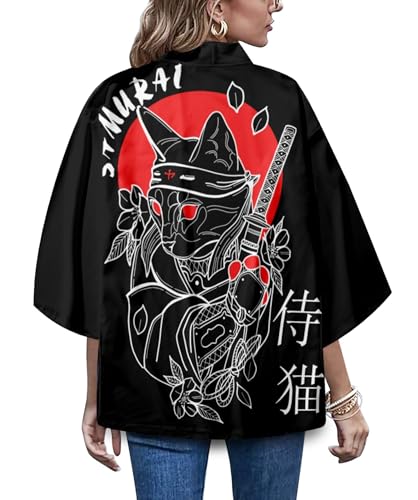 Image of LAI MENG FIVE CATS Women's Funny Cute Cat Cardigan Lightweight Kimono Loose Cover up Blouse Tops