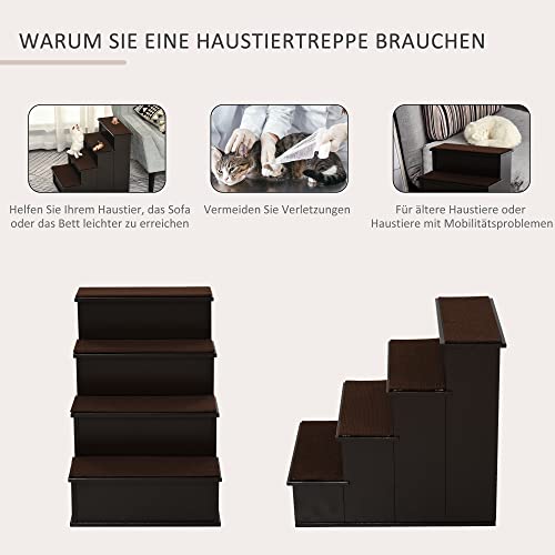 PawHut Haustiertreppe 4-stufige Hundetreppe Katzentreppe Einstiegshilfe mit Rutschfester Matte Haustierleiter für Auto Bett Sofa Dunkelbraun 40 x 59 x 54,2 cm