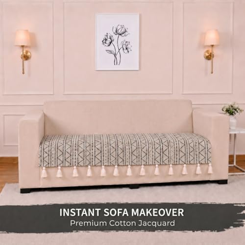 Image of STITCHNEST 'Nomad Weave Collection' 1 Seater Sofa Cover|Elegant Jacquard Fabric, Decorative Tassels, Washable & Durable for Modern Living32