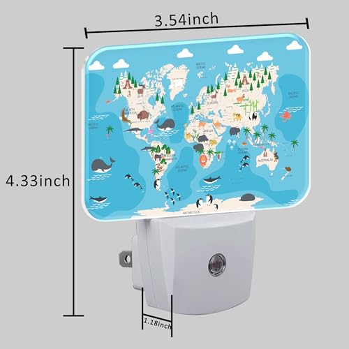 Image of Cute Animal World Map Night Light for Kids Girls Boys, Cartoon World Map LED Night Light Plug into Wall with Dusk to Dawn Sensor for Room, Hallway, Kitchen, Bathroom, Stairs Decor