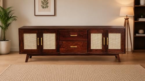 Image of Space Galaxy Solid Sheesham Wood TV Unit with Cane Rattan Doors | 4 Door Entertainment Cabinet with 2 Drawers | Wooden Media Console & Storage Stand for Living Room, Bedroom & Home | Walnut Finish