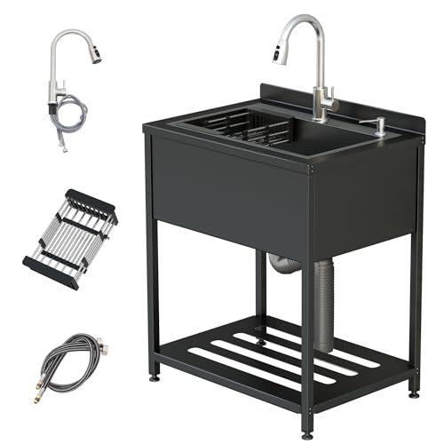 Stainless Steel Utility Sink, 25.7' × 20.7' × 39.5'Freestanding Sink with Cold and Hot Water Faucet,Hoses and Drain Kit for Kitchens, Bathrooms, Garage, Laundry Room