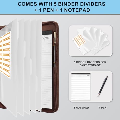 Image of Eshow Portfolio Organizer - 3 Ring Binder with Zipper, Vegan Leather Business Padfolio Folder with Notepad Includes 5 Clear Sheet Protectors for Documents Files for Men Women