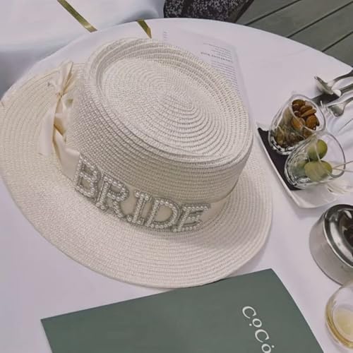 Image of Wanna Party Bride Sun Hat Brim Straw Floppy Bride Beach Hat for Women Bridal Honeymoon Wedding Party, Engagement, Bridal Shower,Bachelorette Party