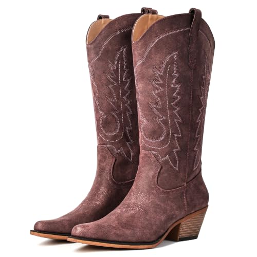 Image of Women's Pointed Toe Mid Calf Cowboy Boots - Cowgirl Boots with Chunky Heel