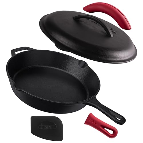 Comparison: Best Cast Iron Skillet For Camping 10 Cuisinel Cast Iron Skillet with Lid - 12"-inch Pre-Seasoned Covered Frying Pan Set + Silicone Handle & Lid Holders + Scraper/Cleaner - Indoor/Outdoor, Oven, Stovetop, Camping Fire, Grill Safe Cookware