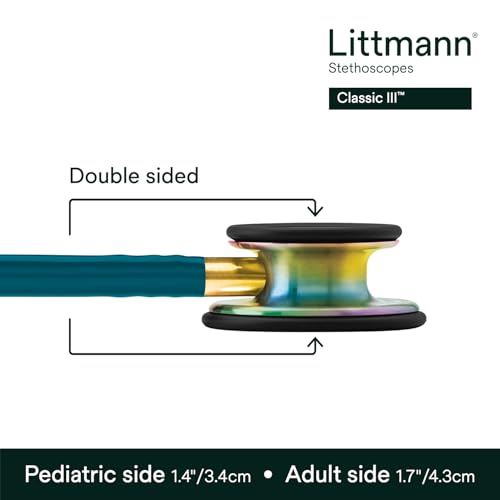 Image of 3M Littmann Classic III Monitoring Stethoscope, 5807, More Than 2X as Loud, Weighs Less, Stainless Steel Rainbow-Finish Chestpiece, 27 inch Caribbean Blue Tube, Brass Stem and Headset