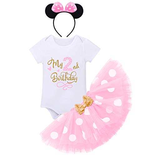 Bébés Filles 2e Anniversaire Tutu Set Costume de Minnie Mouse Body Barboteuse Jupe Tutu à Pois Oreille Bandeau 2 Ans Fête Vêtements Premier Anniversaire Tenue de Soirée Cérémonie Photographie Rose