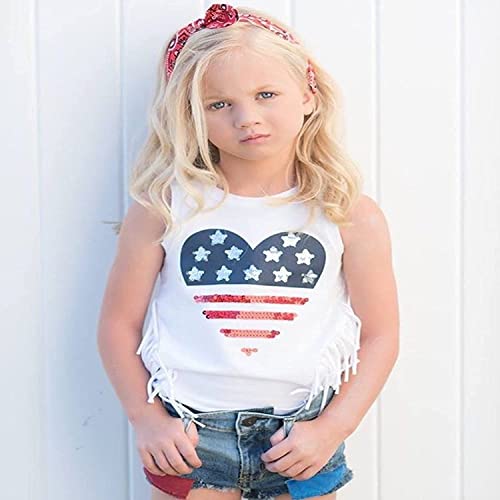2Pcs/Set Toddler Baby Girls 4th of July Outfits Set Sleeveless Tassels Vest Tops+Ripped Denim Shorts Summer Clothes (White,2-3T)