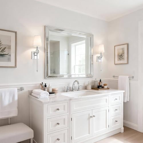 Image of XiNBEi Lighting Chrome Wall Light Sconces Set of 2 with Crystal for Bedroom | White Fabric Shade, Modern Design, Bathroom Vanity Lighting Fixture, For Bedside Living Room Entryway Kitchen Hallway