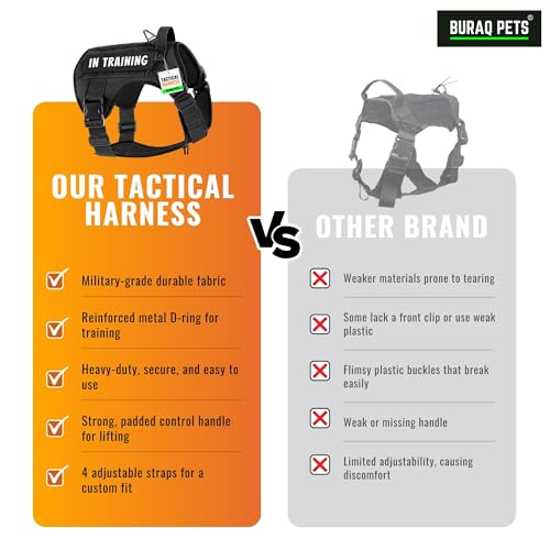 Image of Buraq No Pull Tactical Dog Harness for Large Dogs, Heavy Duty, Adjustable Pet Harness with Handle for Easy Control, Dog Vest for Walking, Training, Hiking (M - Black)