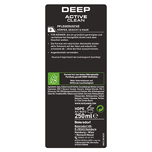 Nivea Men Deep Active Clean Shower Gel (250 ml), Revitalising Shower Gel with Activated Charcoal, pH Skin-Friendly Shower Gel for the Body, Face and Hair - Image 2