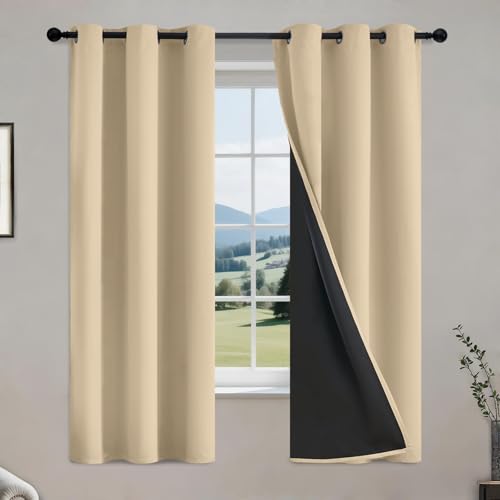 Image of COSVIYA 100% Beige Blackout Curtains for Kids Room 63 Inches Length | Room Darkening Light Blocking Drapes for Bedroom, Grommet Thermal Insulated Window Panels with Black Liner, W40xL63,2 Panels