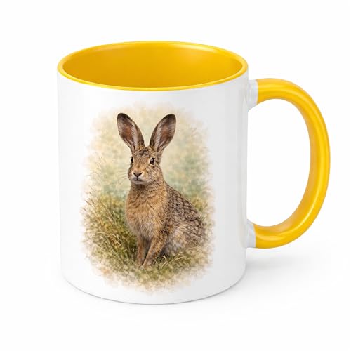 Image of Brew Crew Gifts Watercolour Hare Mug, British Wildlife Ceramic Coffee Cup, Country Animal Gift, 11oz (Yellow)