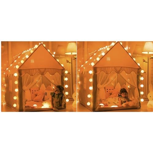 KRUZZEL Kinderzelt – Rosa Prinzessinnenhaus 130 × 100 × 115 cm mit 3 m LED – Lichterkette – Faltbares Spielhaus für Kinderzimmer und Garten Spielzelt Schloss für Mädchen – Indoor & Outdoor