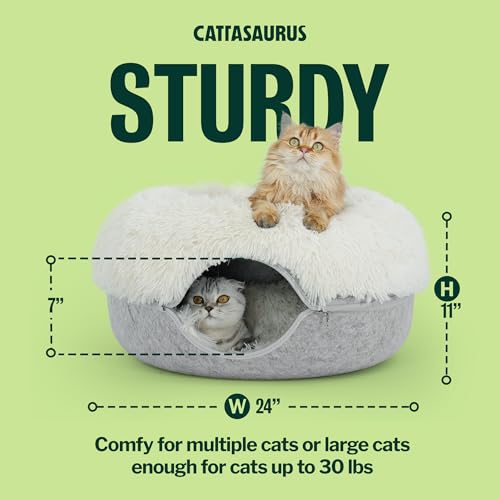 Image of CATTASAURUS Peekaboo Cat Cave for Multiple & Large Cats Up to 30-45 Lbs, Fluffy Cat Beds for Indoor Cats, Scratch Detachable & Washable Tunnel Bed, Comfy Donut Cave (Light Gray, Large (Calming))