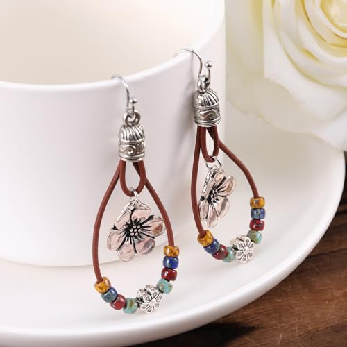 Boho Flower Earrings, Vintage Dangle Drop Handmade Nature Stone Earrings Bohemian Vintage Floral Dangle Drop Dangling Country Concert Outfits Accessories for Women Gift3